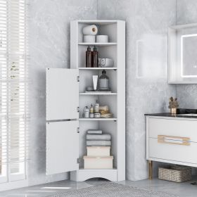 Tall Bathroom Corner Cabinet; Freestanding Storage Cabinet with Doors and Adjustable Shelves; MDF Board; White